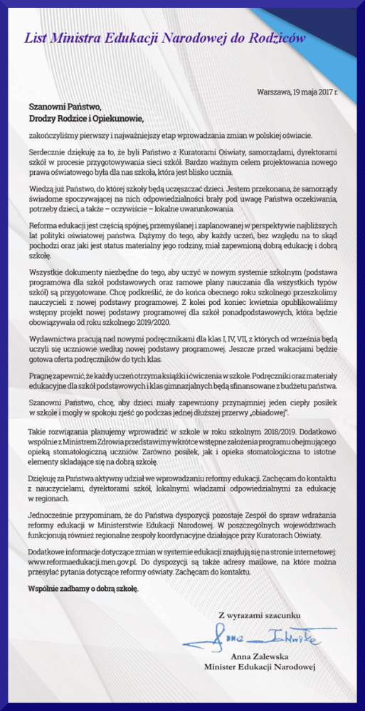 List Ministra Edukacji Narodowej do Rodziców