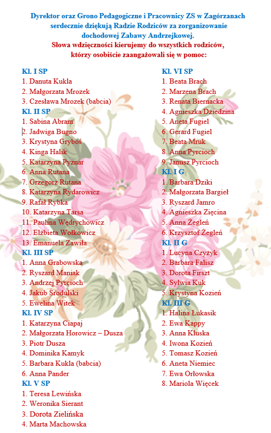 Podziękowania za zorganizowanie dochodowej Zabawy Andrzejkowej.
